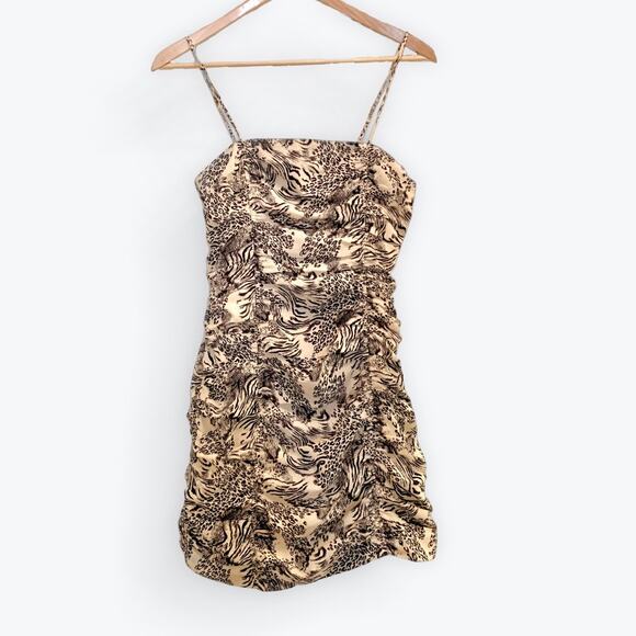 J.O.A. | Animal Mix Print Beige and Black Bodycon Ruched Mini Dress | Size S - Picture 1 of 9